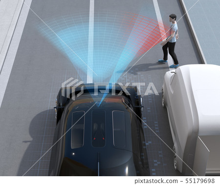 A car that detects pedestrians who have walked out from the side of a home delivery car parked at the side of the road and makes a sudden stop. Automatic brake concept 55179698