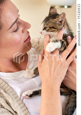 Beautiful mature woman playing with a little cat Beautiful mature woman playing with a little cat 55182615