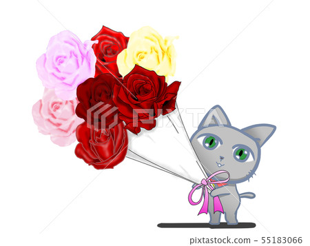 這是一隻可愛的貓抱著一束玫瑰 55183066