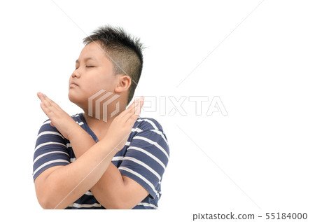 serious obese fat boy showing crossed hands 55184000