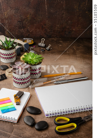 Notepad and succulents on the table. The Business 55185509
