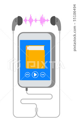Audiobook on smartphone with earphones flat 55186494