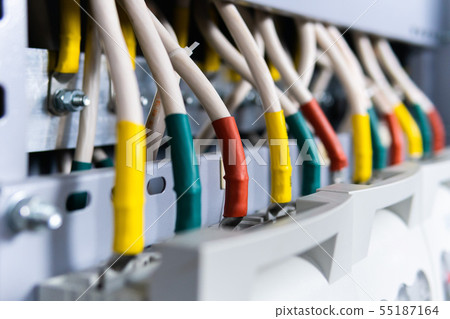 copper busbar, colored wires on metal base. Part of transformer 55187164