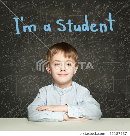 Clever child pupil on blackboard background Clever child pupil on blackboard background 55187387