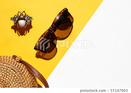 Summer flat lay summer scenery, bag, sunglasses  55187803
