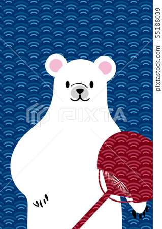 Summer greeting card design Postcard design without letters | Fan and polar bear and Japanese pattern _ Blue sea wave background design | Summer image 55188039