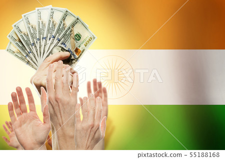 People raising hands with dollars and flag India 55188168