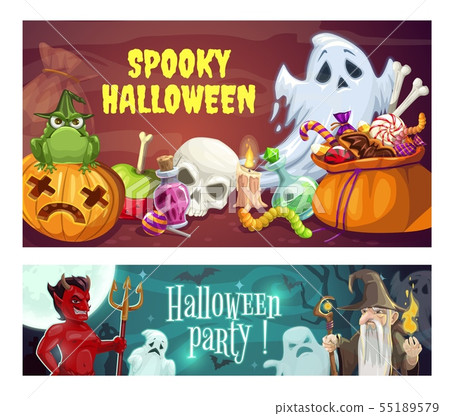 Halloween party, sweets and devil. Wizard, ghosts Halloween party, sweets and devil. Wizard, ghosts 55189579