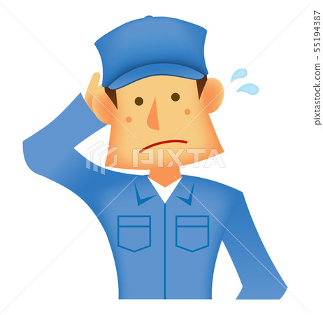 Japanese wearing a young work clothes / Upper body (workers / delivery workers) / puzzles / knocks / shy 55194387