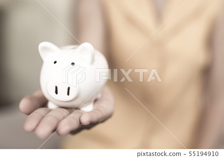Women hand holding a pig's piggy bank. 55194910