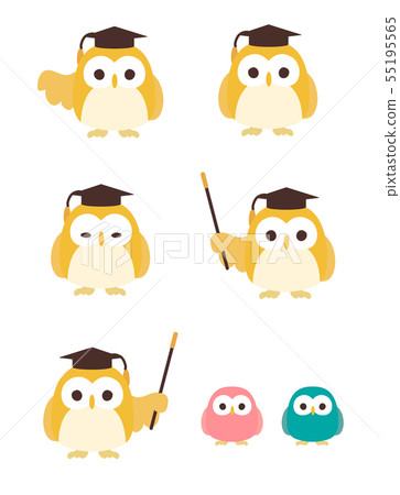 貓頭鷹老師和兒童貓頭鷹學生，學校，教室，指針，介紹，色彩豐富的插畫圖標的解釋 55195565