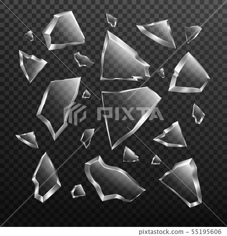 Broken glass shards set, crashed window fragments 55195606