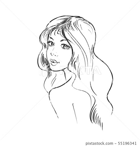 Beautiful young woman portrait looking back. Girl with long hair vector fashion illustration line 55196341