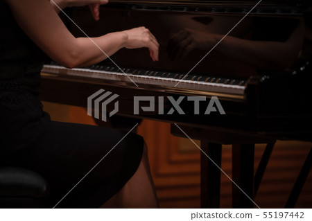 A pianist's hand hitting a piano keyboard A pianist's hand hitting a piano keyboard 55197442