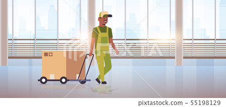 courier in uniform pushing trolley with cardboard box express delivery service concept african 55198129