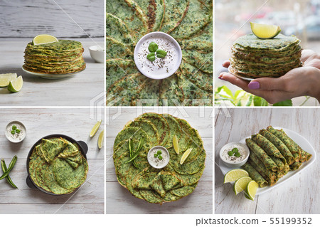 Collage with spinach Adai - Indian green pancakes Collage with spinach Adai - Indian green pancakes 55199352