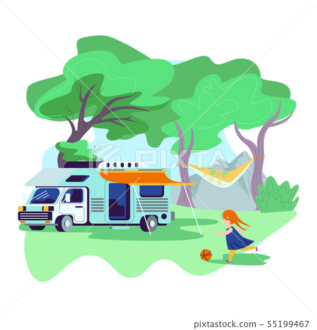 Little Girl Playing Ball near Motor Home Car. 55199467