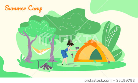 Young Woman Hummer Sticks to Ground to Set Up Tent Young Woman Hummer Sticks to Ground to Set Up Tent 55199798