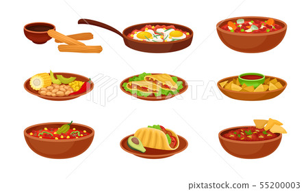 Set of images of traditional mexican dishes. Vector illustration on white background. 55200003