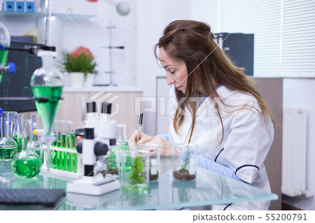 Photo of mature female scientist writing notes on her notebook after last research on plants Photo of mature female scientist writing notes on her notebook after last research on plants 55200791