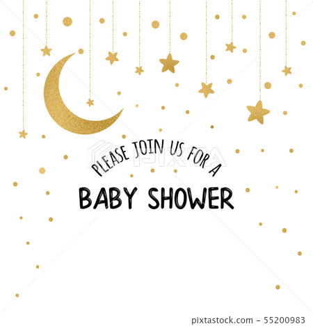 Vector Baby Shower Invitation Template with sparkle golden moon, stars on white Vector Baby Shower Invitation Template with sparkle golden moon, stars on white 55200983