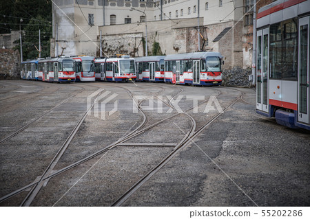 The tram depot in the city for parking and a tram 55202286