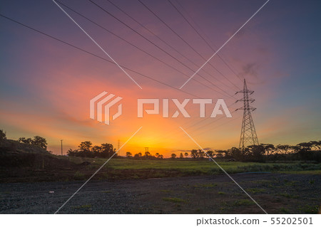 Electric Tower with Cable against Twilight Sky Electric Tower with Cable against Twilight Sky 55202501