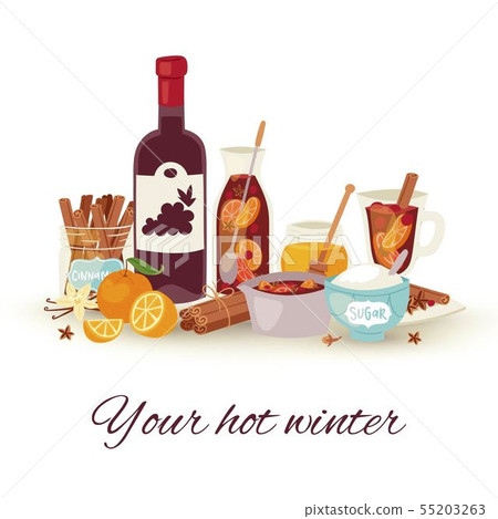 Mulled wine winter and Christmas hot drink vector illustration. Mulledwine cocktail with spices 55203263