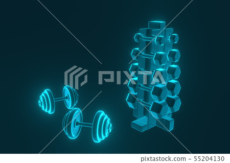 3D rendering. Set of isolated dumbbells for sport on a background folded on a special metal stand. 3D rendering. Set of isolated dumbbells for sport on a background folded on a special metal stand. 55204130