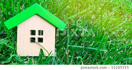 Miniature wooden house on grass. Real estate 55205555
