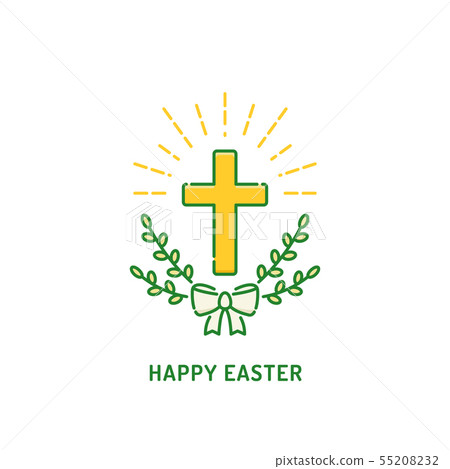 Happy Easter greeting card. Christian cross with willow. Religion holiday logo 55208232