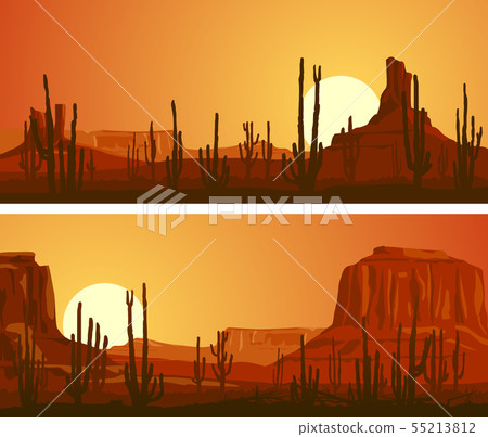 Banners Of Desert With Cacti And Rocks At Sunset Stock
