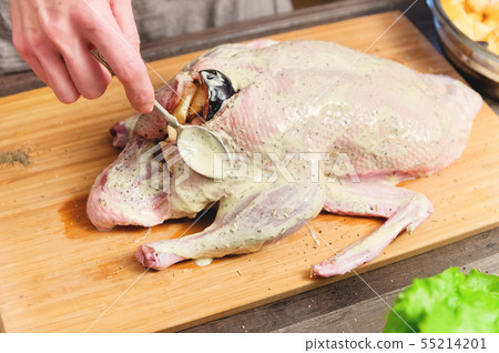 Close-up of female hands preparing duck or goose for baking. White carrot dressing with mayonnaise Close-up of female hands preparing duck or goose for baking. White carrot dressing with mayonnaise 55214201