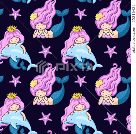 Seamless pattern with mermaid and dolphins. Seamless pattern with mermaid and dolphins. 55216423
