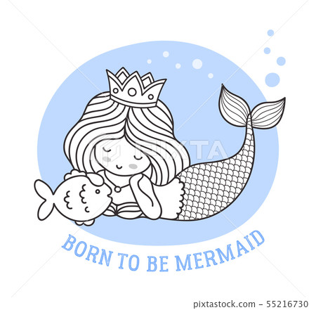 Lying dreamy princess mermaid with fish. Lying dreamy princess mermaid with fish. 55216730