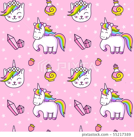 Sweet pink seamless pattern with white unicorns. - Stock Illustration ...