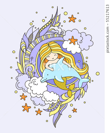 Little mermaid, floating with dolphin. Little mermaid, floating with dolphin. 55217613