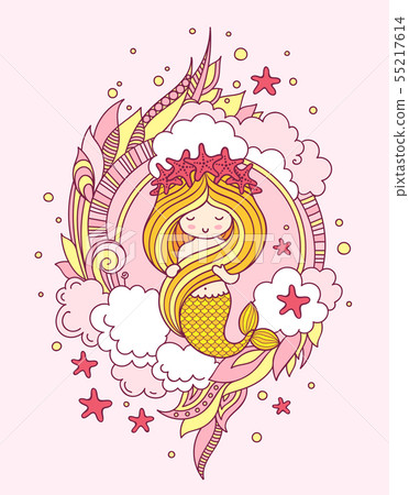 Mermaid with golden hair, in a wreath of starfish. Mermaid with golden hair, in a wreath of starfish. 55217614