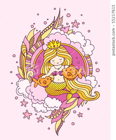 Little princess mermaid with long golden hair. 55217615