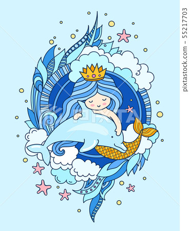 Cute little mermaid with dolphin. Cute little mermaid with dolphin. 55217703