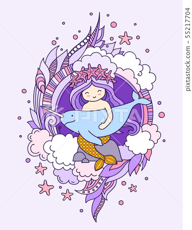 Little kawaii mermaid, holding narwhal. Little kawaii mermaid, holding narwhal. 55217704