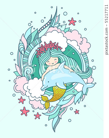 Mermaid in a wreath of starfish, with dolphin. Mermaid in a wreath of starfish, with dolphin. 55217711