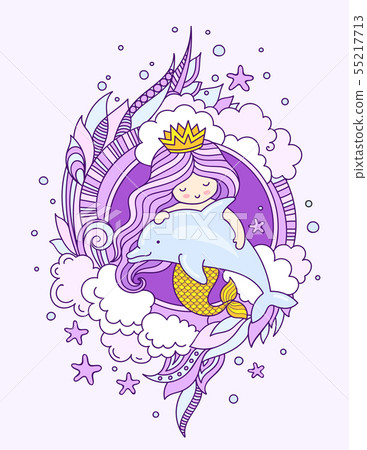 Mermaid, floating with dolphin. Mermaid, floating with dolphin. 55217713