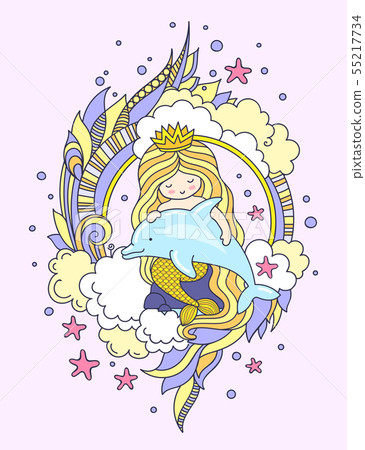 Cute little mermaid with dolphin. Cute little mermaid with dolphin. 55217734
