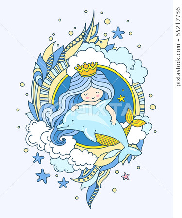 Mermaid with dolphin, surrounded blue seaweed. Mermaid with dolphin, surrounded blue seaweed. 55217736