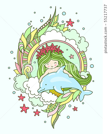 Mermaid with green hair, in a wreath of starfish. Mermaid with green hair, in a wreath of starfish. 55217737