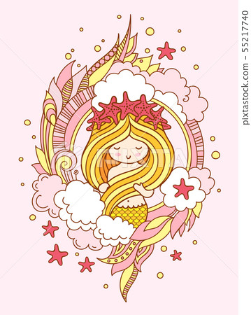Mermaid with golden hair, in a wreath of starfish. Mermaid with golden hair, in a wreath of starfish. 55217740