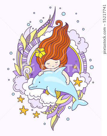 Mermaid with dolphin. Doodle style. Mermaid with dolphin. Doodle style. 55217741