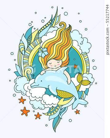 Mermaid with dolphin, surrounded by seaweed. 55217744