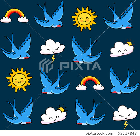 Blue swallows, dark sky, clouds, rainbow, sun. 55217848